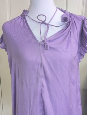 Extra Small Lavender Tie-Neck Ruffle Sleeve Blouse - Women